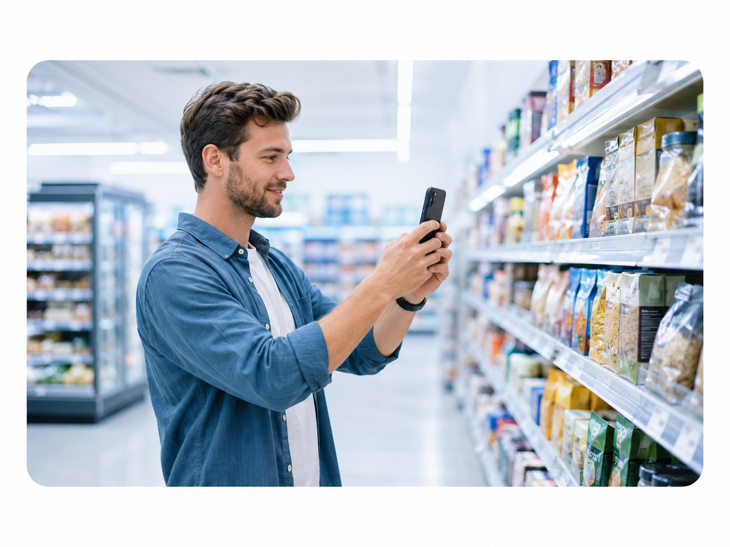 Contributor filming a retail shelf with a smartphone