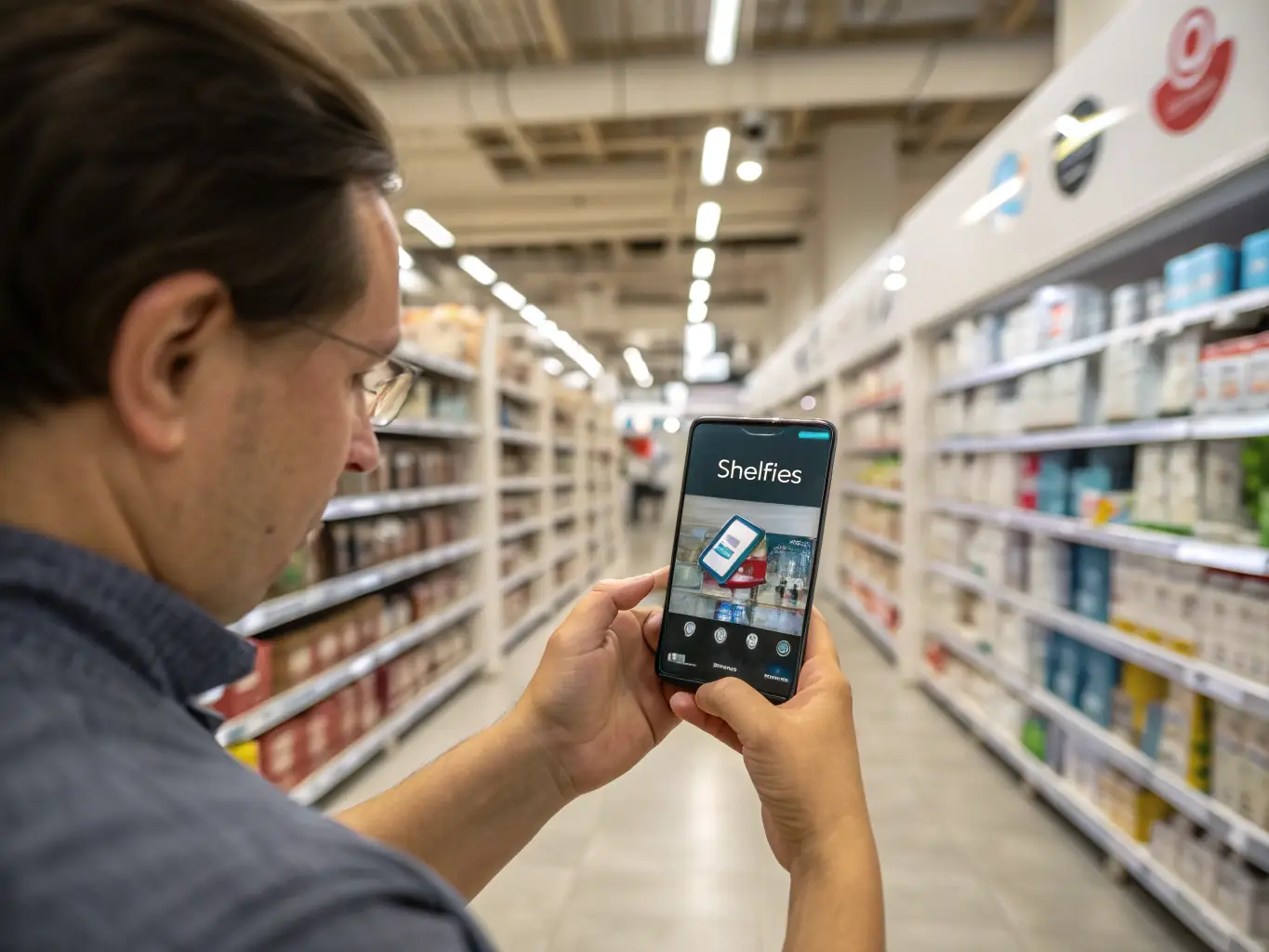 A contributor in a retail store aisle is using the Shelfies mobile app on their smartphone to record a video of a product shelf. The app interface is visible, showing the record button and tagging options.