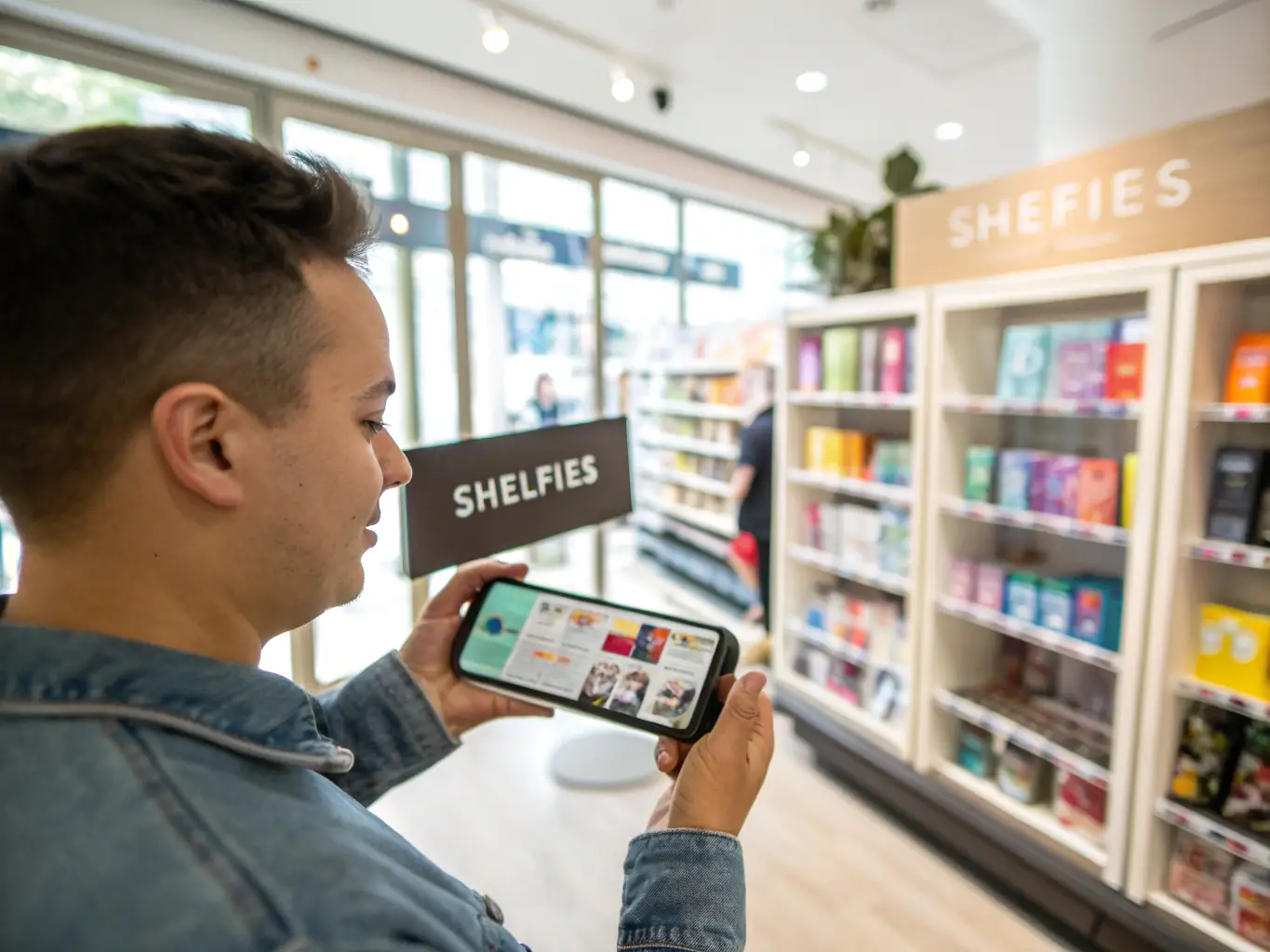A contributor in a retail store using the Shelfies mobile app to record a shelfie of a product display, with the app interface clearly visible on the smartphone screen.