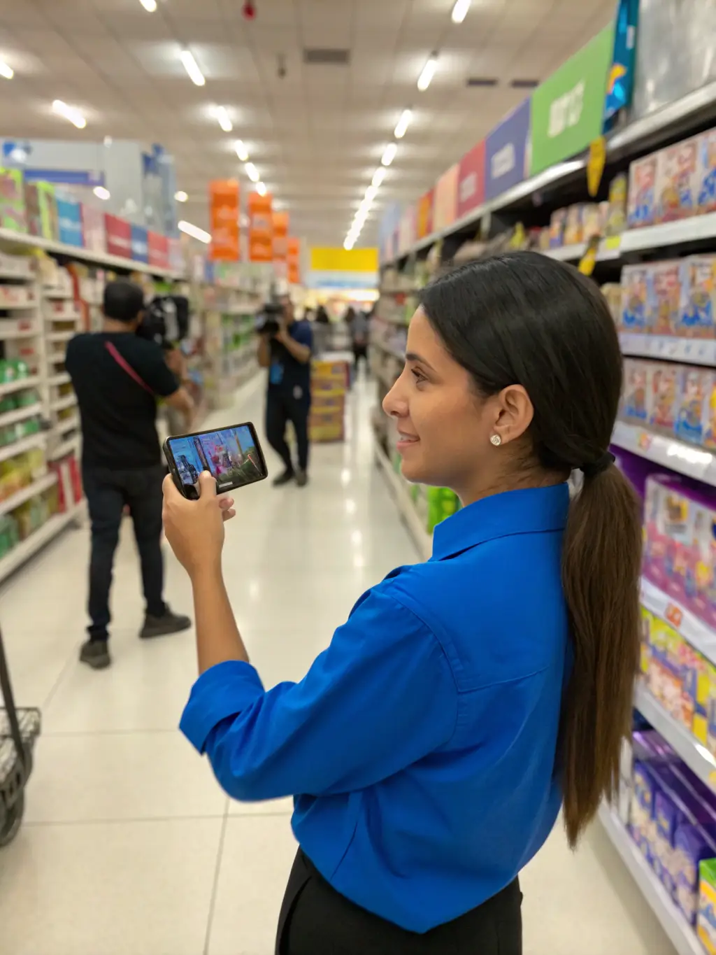 A contributor using the Shelfies mobile app to record a shelfie video in a retail store aisle, focusing on a specific product display.