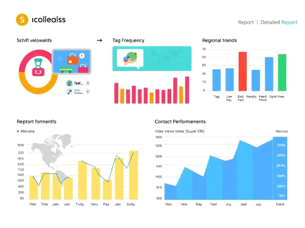 A detailed report generated from the Shelfies platform shows product performance metrics, including video views, tag frequency, and regional trends. The report is visually appealing and easy to understand.