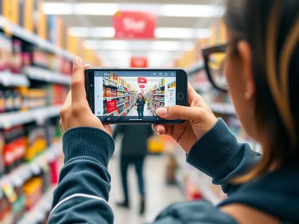 A contributor in a retail store aisle is using the Shelfies mobile app on their smartphone to record a 'shelfie' video of a product display. The app interface is visible, showing tagging options and a timer.