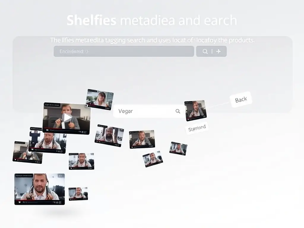 An illustration of the Shelfies metadata tagging and search system, highlighting its ability to quickly locate specific products and insights within the video library.