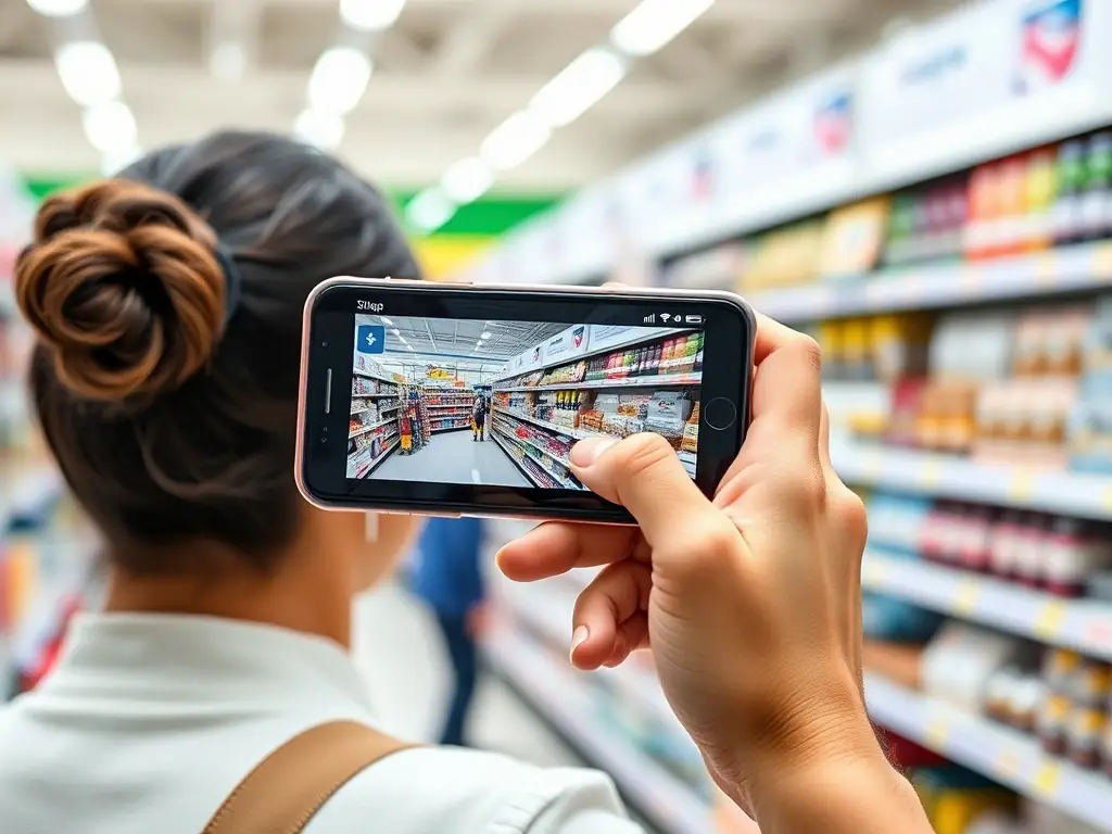A contributor using the Shelfies mobile app to record a video of products on a store shelf, focusing on ease of use and real-time narration capabilities.