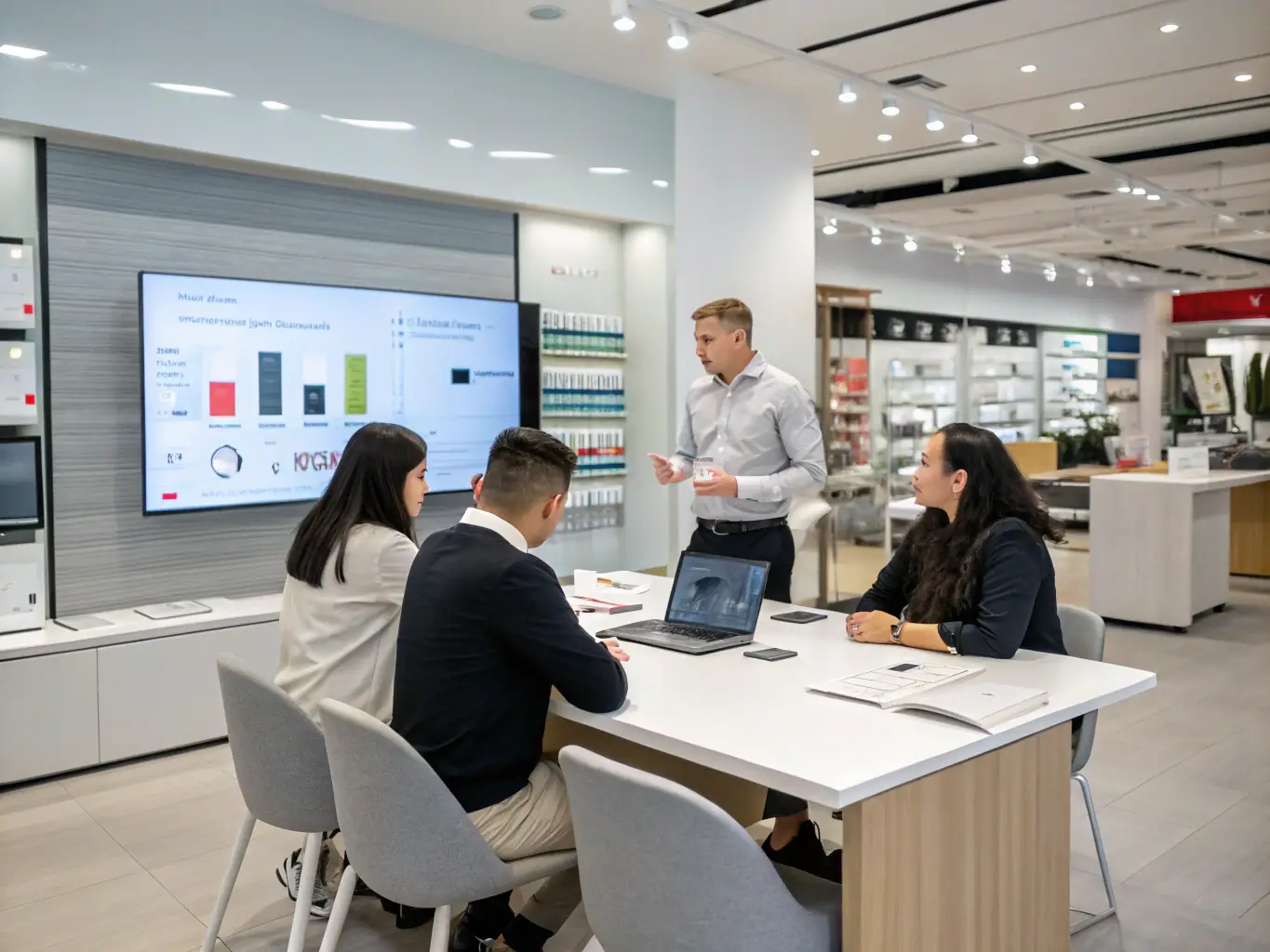 A team of retail managers collaborating and reviewing shelfies on a large screen in a conference room, discussing insights and strategies based on the visual data.